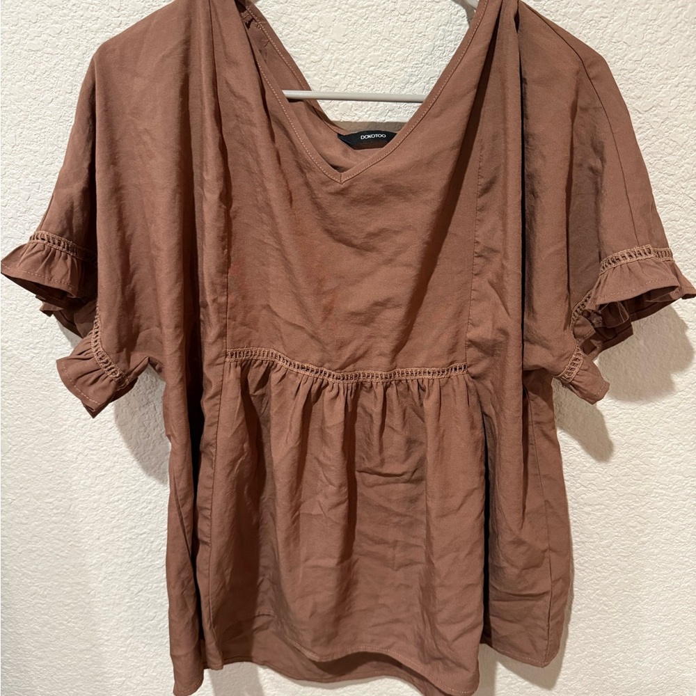 Women’s Boxy Flutter Sleeve Blouse — Brown